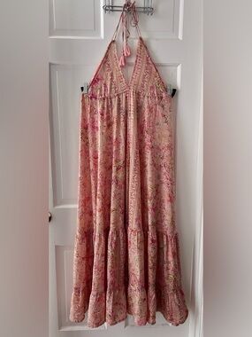 Silk Boho Dress Pink Paisley Halter Neck Luxurious Flowy Loose 100% Silk